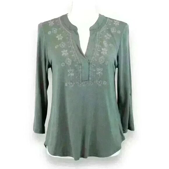 Cable & Gauge Olive Army Green Embroidered 3/4 Sleeve Tunic Size Small - Picture 1 of 8
